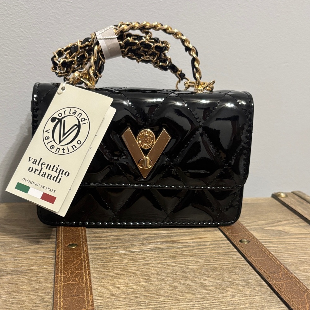 Valentino Orlandi Black Patent Mini Bag with Gold Chain